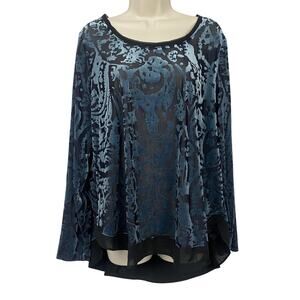 Simply Vera Wang Top Womens XL Blue Burnout Velvet Sheer Floral Fairy Grunge